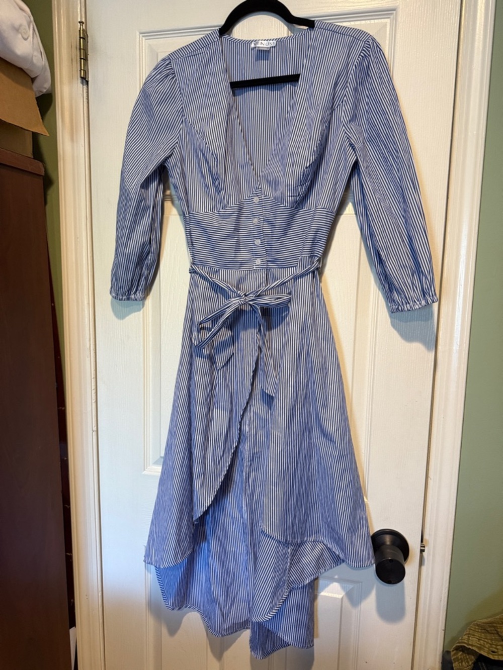 VENUS BlueWhite Striped High-Low Wrap Dress preppy vacation romantic western